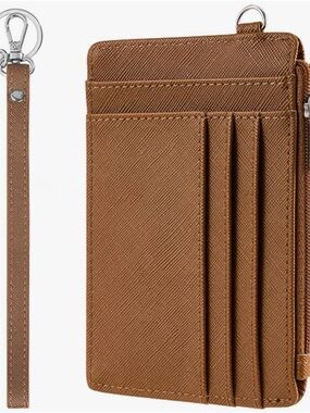Slim Brown Leather Card Holder with Wrist Strap